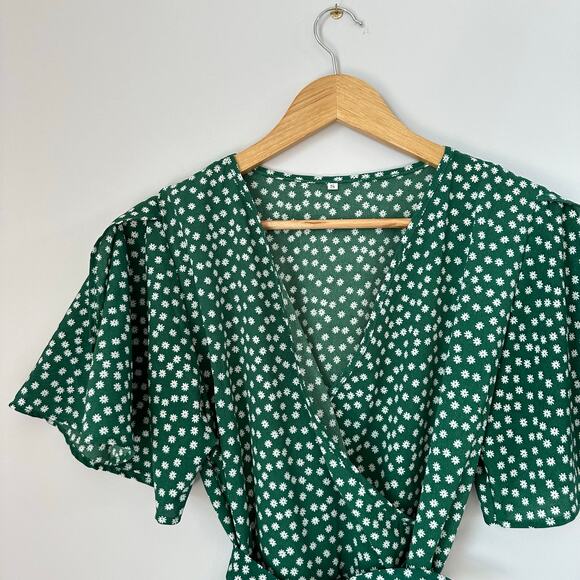 Daisy Print Short Sleeve Wrap Dress Green S - Picture 5 of 9